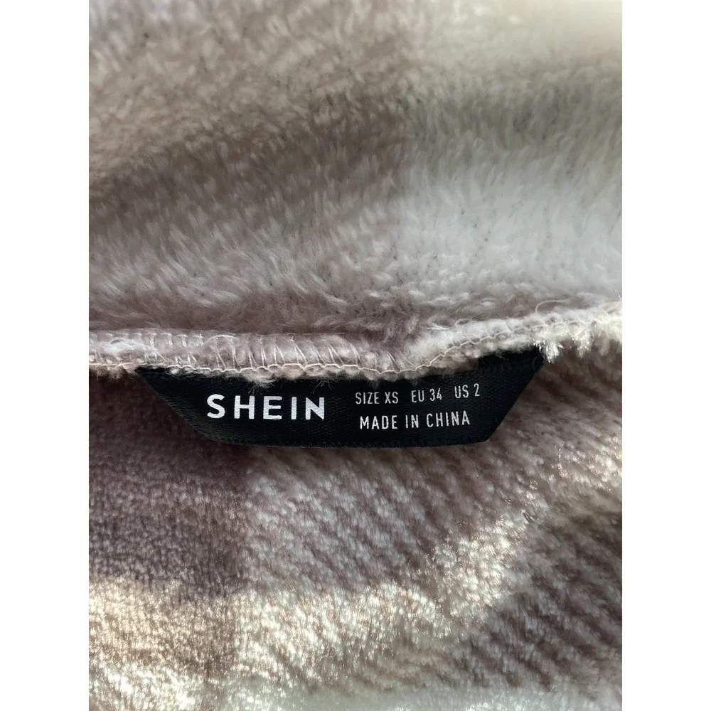 SHEIN Plaid Fuzzy Cropped Jacket Shirt Womens XS Brown White Button Up